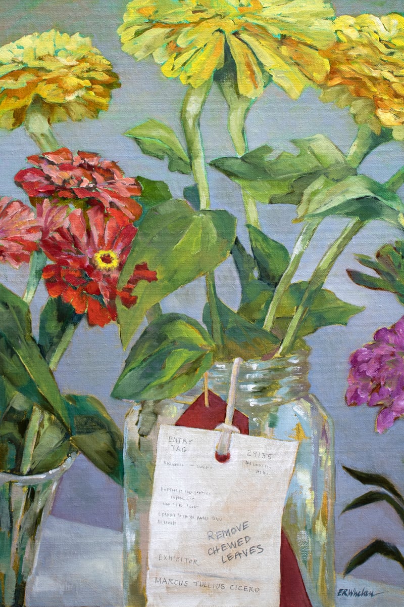 Remove chewed leaves by Elizabeth R. Whelan  Image: This entry tag inspired the entire Martha's Vineyard Agricultural Fair painting series!