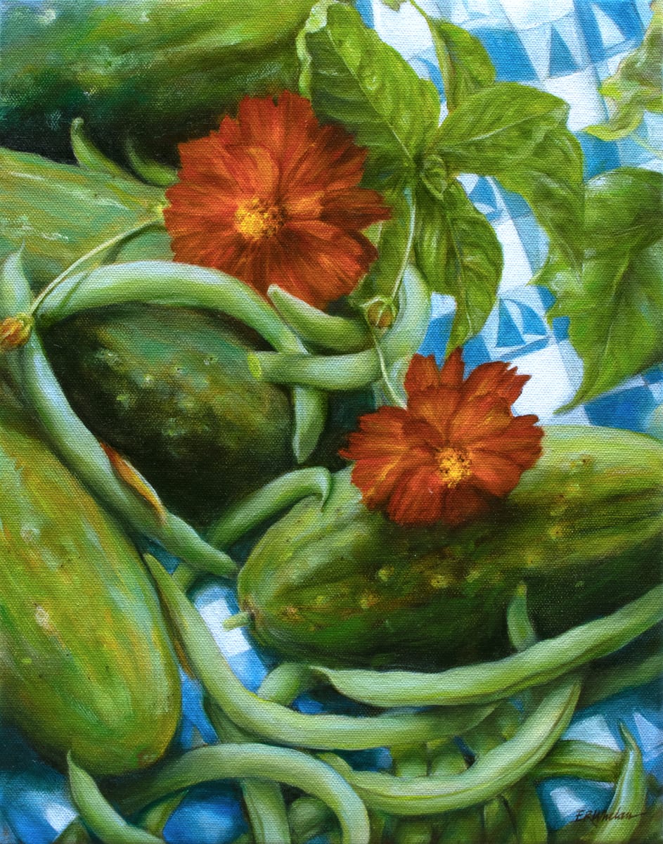 Summer Harvest by Elizabeth R. Whelan  Image: A painted harvest of Black Valentine beans, Bush cucumbers, Diablo Cosmos,  and Genovese basil.