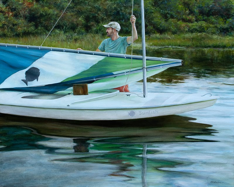 Sunfish on Edgartown Great Pond by Elizabeth R. Whelan  Image: A sailor prepares for a day of Sunfish sailing on Edgartown Great Pond.