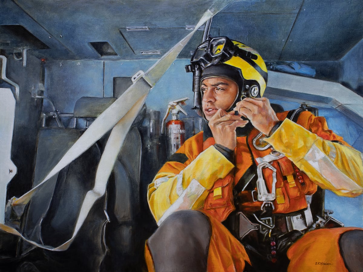 Coast Guard Aviation Survival Technician Suiting Up  Image: A portrait painting of a Coast Guard Aviation Survival Technician getting prepared for hoist training from Jayhawk rescue helicopter, by artist Elizabeth R. Whelan
Collection of United States Coast Guard