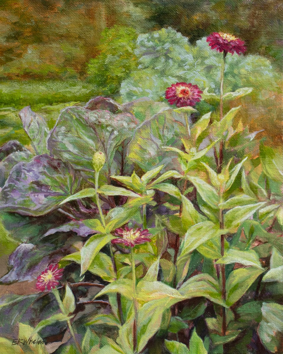 Zinnias and Cabbage by Elizabeth R. Whelan  Image: Zinnias, cabbages, and Brussels sprouts make for a lovely combination in this garden painting.