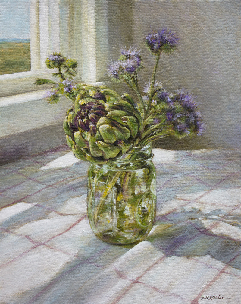 Artichoke & Phacelia by Elizabeth R. Whelan  Image: I was enamoured by the light through the canning jar, and the way the shadow moved and fell across the classic kitchen table cloth. Strong design in a scene always catches my eye, and in this case the colors with the shadows and deeper values to the wall were intriguing, as in reality all the surfaces were 'white'. 