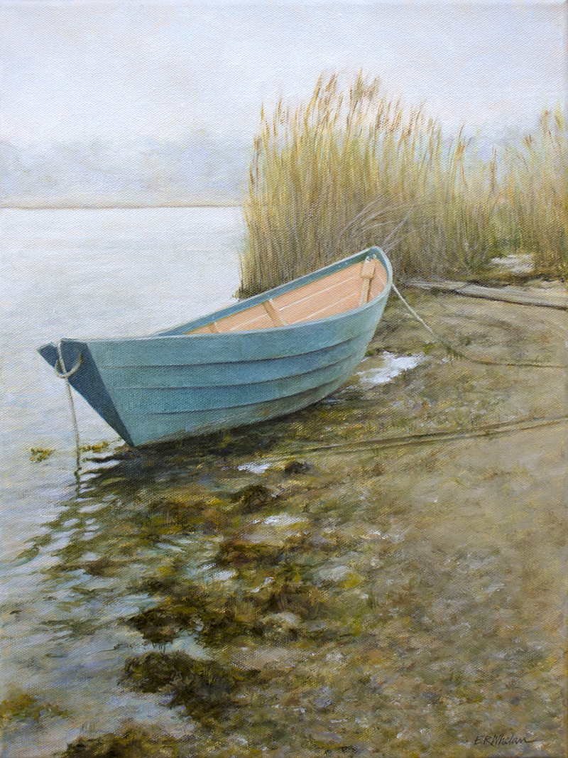 Lagoon Pond Dory by Elizabeth R. Whelan  Image: I first saw this boat the very first morning after Bill and I 'washed ashore' on the Island. It was right down on the Lagoon Pond, sitting where the tide left it, and I love the lines of the boat, the paint colors, and the way it glowed in the cool and foggy light. The scene stayed in my mind, and I visited the area time and again, eventually rendering the memory in paint.