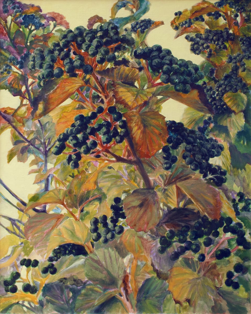 Elderberries by Elizabeth R. Whelan  Image: An abundance of rich color and berries glow in the late afternoon light in this botanical landscape oil painting.