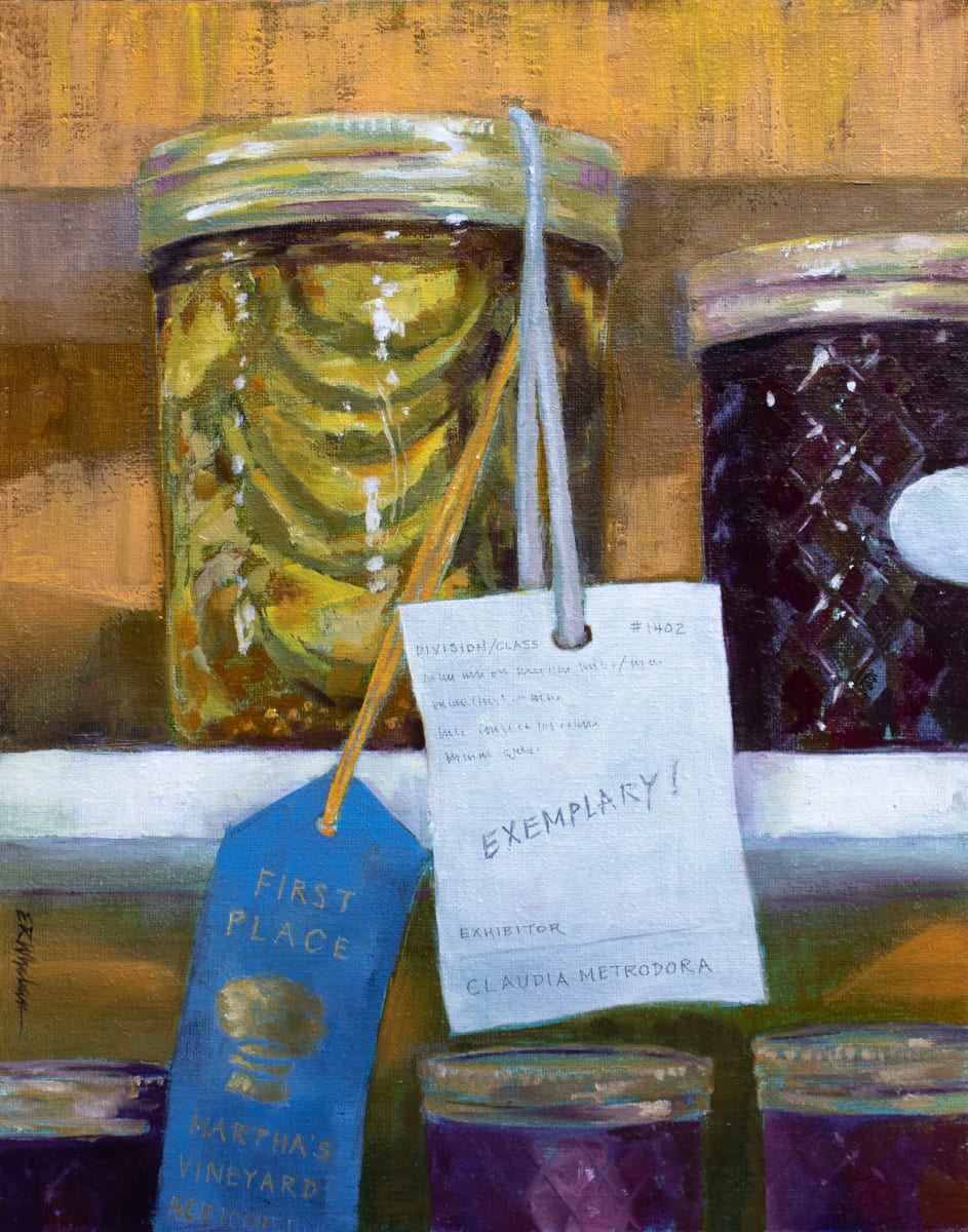 Exemplary by Elizabeth R. Whelan  Image: A beautifully sliced set of pickles shine (and get a blue ribbon) in this still life painting of an entry at the MV Agricultural Fair.