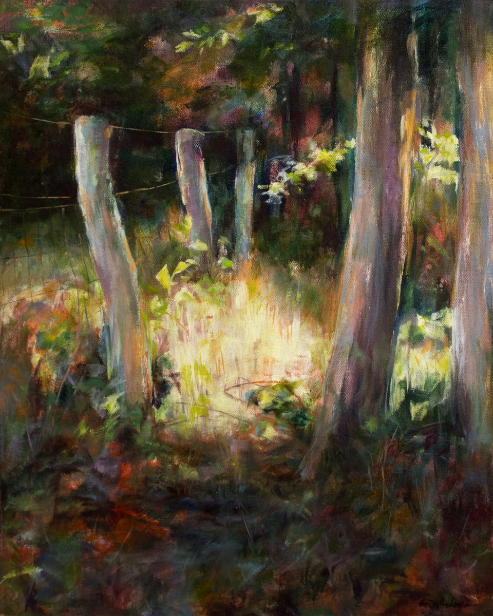 Hidden II by Elizabeth R. Whelan  Image: Rays of sunlight add magic to this landscape oil painting of a woodland scene.