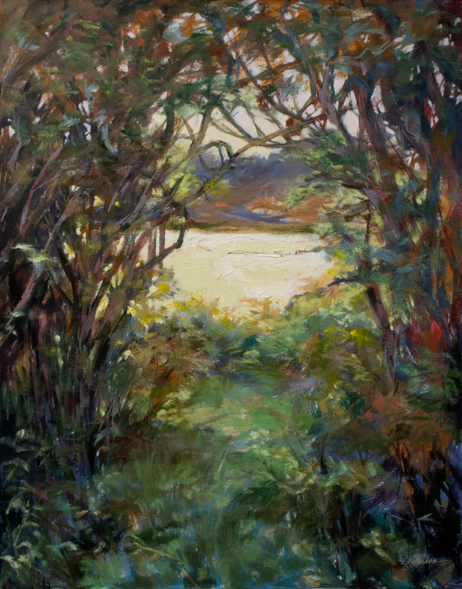 Hidden by Elizabeth R. Whelan  Image: A glowing field is viewed from the edge of a woods in this colorful landscape painting.