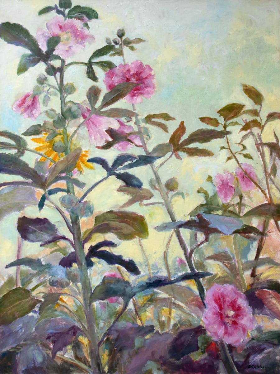 Hollyhocks by Elizabeth R. Whelan  Image: Catching hollyhocks with broad, quick brush strokes in the cool evening light for this landscape botanical painting.