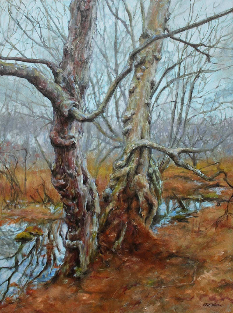 Jive Talkin' by Elizabeth R. Whelan  Image: Two decaying trees deep in a swampy woods show fall colors and structure to great effect in this landscape painting.