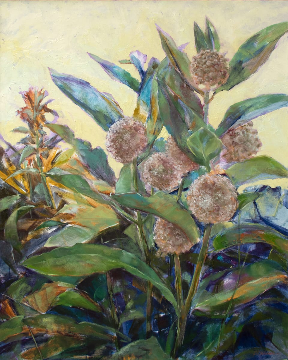 Milkweed by Elizabeth R. Whelan  Image: Milkweed plants in full bloom catch the afternoon light in this landscape painting.