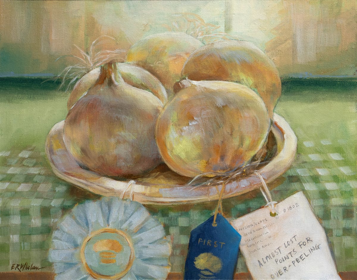 Almost lost points for overpeeling by Elizabeth R. Whelan  Image: Onions get the blue ribbon in this still life painting of an entry at the MV Agricultural Fair.