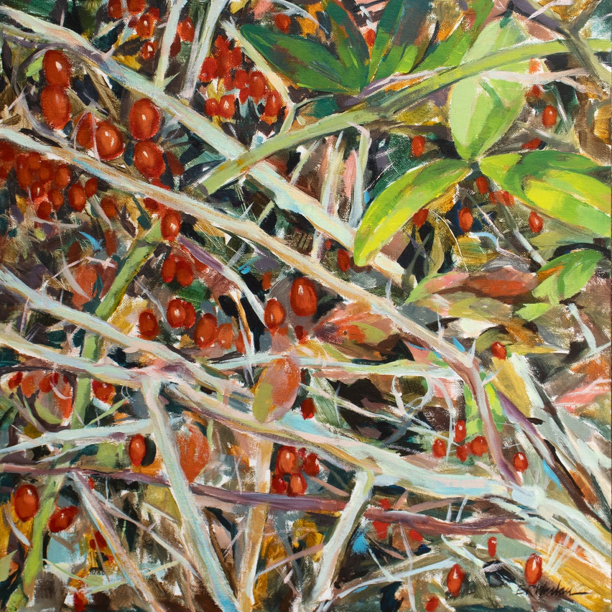 Red Berries by Elizabeth R. Whelan  Image: An abstracted tangle of red berries in autumn creates a visual delight in this landscape botanical painting.