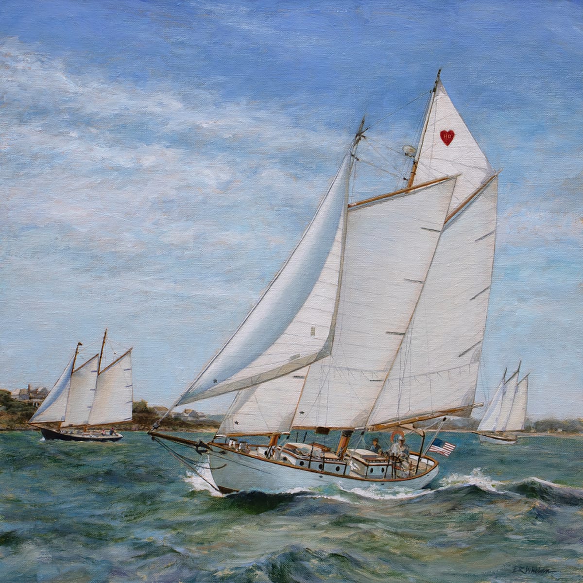 'Hearts Desire' - Sailing into Vineyard Haven Harbor  Image: Gaff-rig sailboat sailing into Vineyard Haven harbor, Martha's Vineyard, by artist Elizabeth R. Whelan