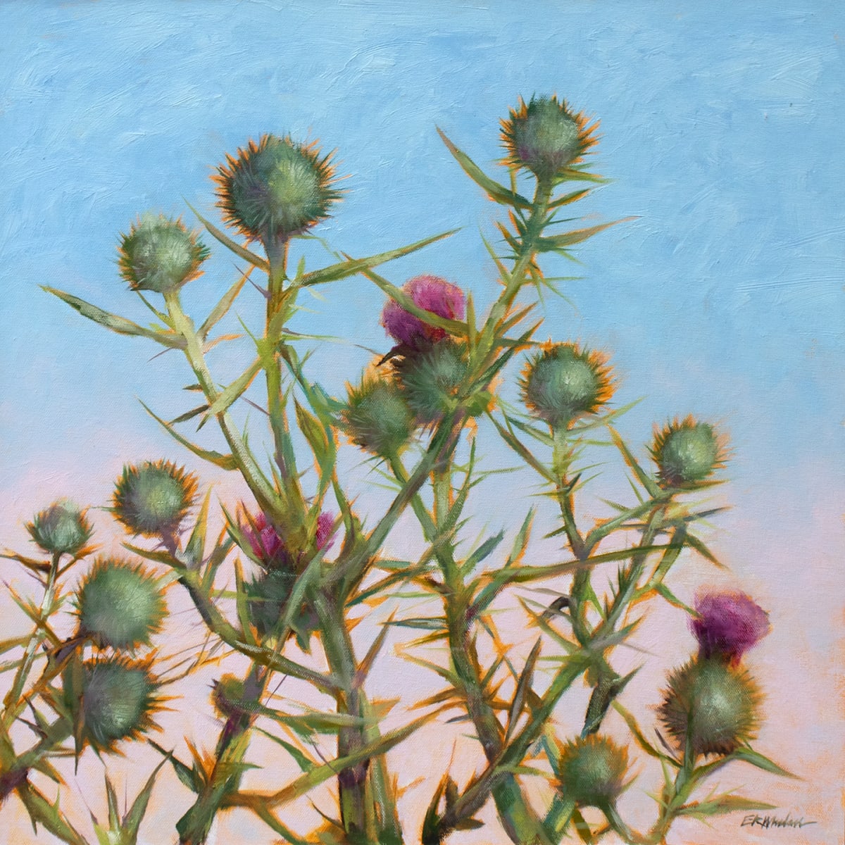 Merry Thistles by Elizabeth R. Whelan  Image: A dancing crowd of thistles against a cool fall sky makes for a cheerful botanical landscape painting.