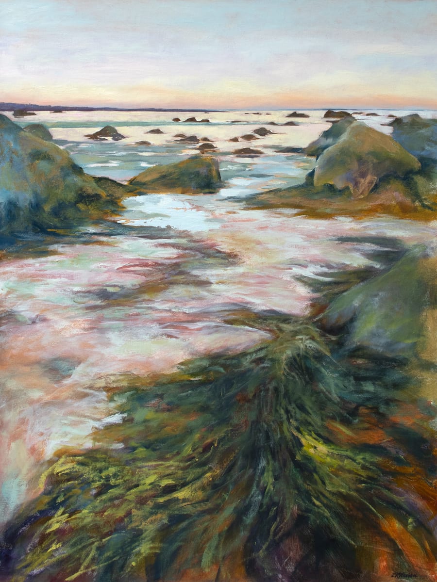 Winter Beach I by Elizabeth R. Whelan  Image: An early winter beach scene of tidal pools as the sun sets in this landscape oil painting.