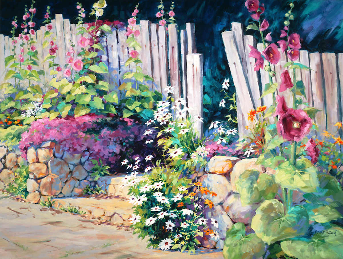 Hollyhock Garden by Julie Gilbert Pollard 