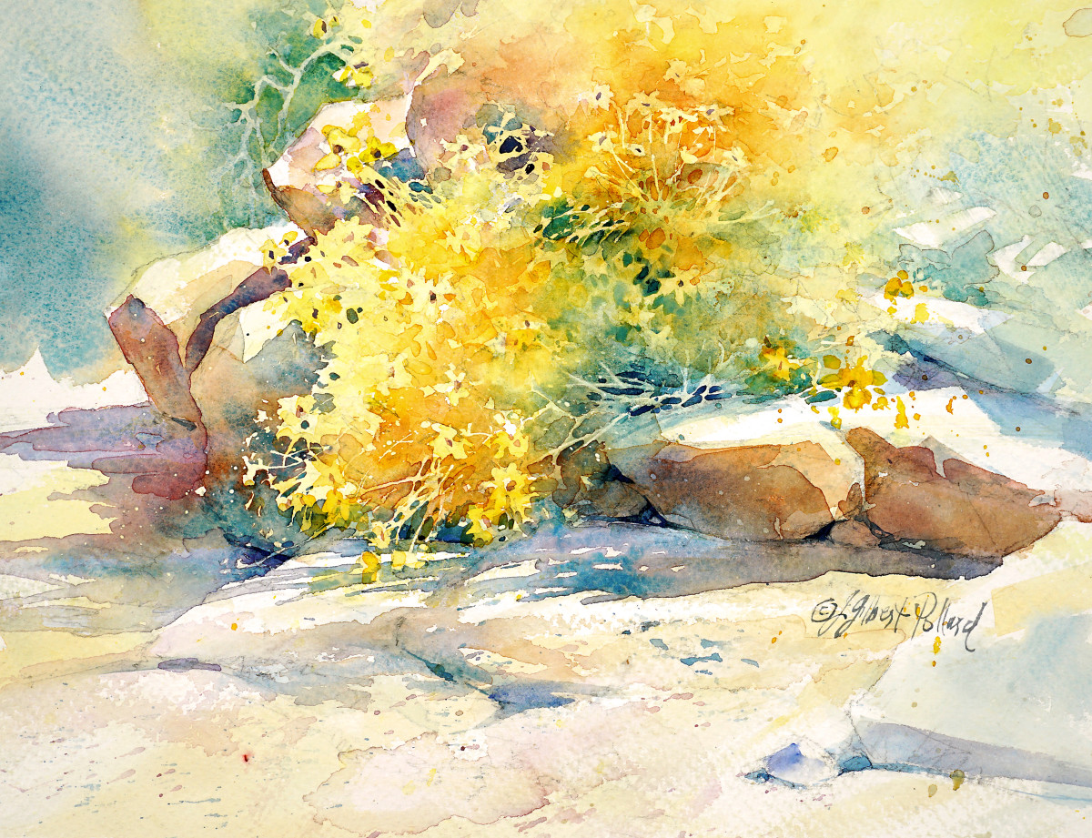 Brittlebush and Rocks by Julie Gilbert Pollard 
