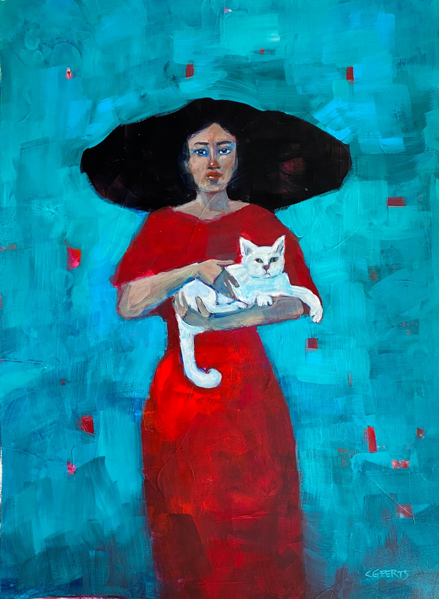 Lady with White Cat  Image: Acrylic on paper - unframed