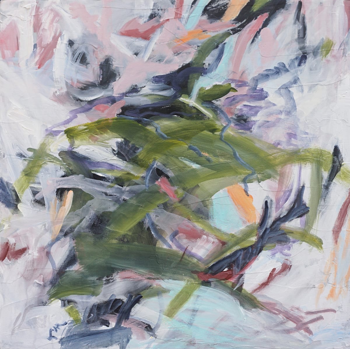 A New Leaf by Laurie MacMillan  Image: Acrylic on canvas, in a black wood floater frame with a narrow gold front edge.