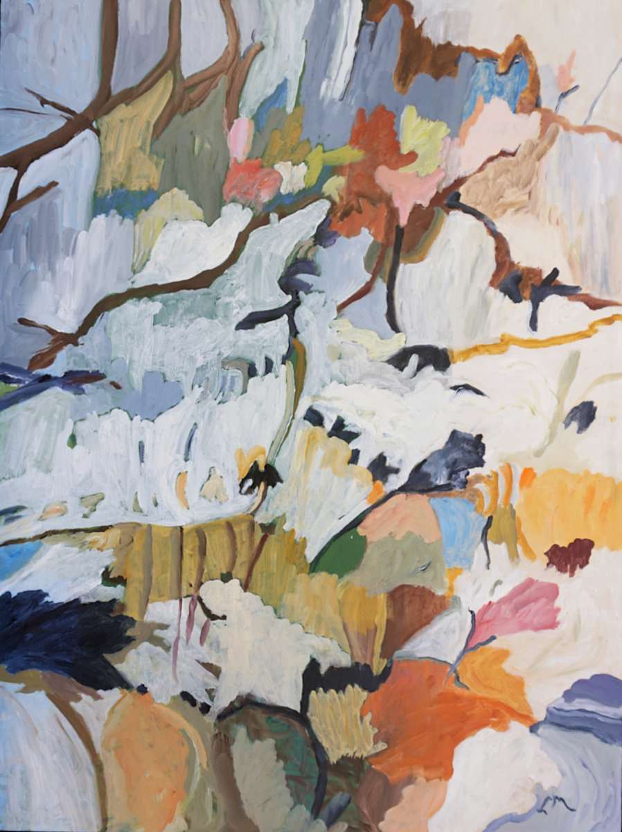 Spring Forward by Laurie MacMillan  Image: Acrylic on canvas, in a black wood floater frame with a narrow gold front edge.