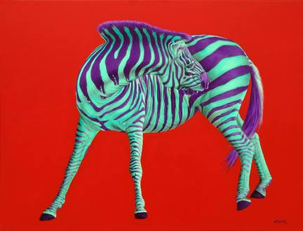 GREEN & PURPLE ZEBRA ON RED, 2005 by HELMUT KOLLER , Image 1.