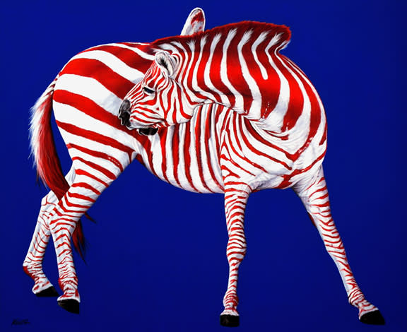 ZEBRA IN RED & WHITE ON BLUE, 2010 by HELMUT KOLLER  