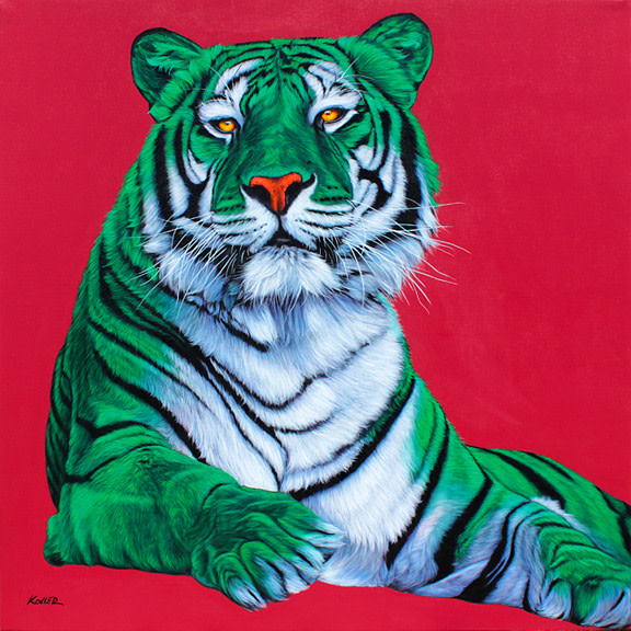 GREEN & WHITE TIGER ON RED, 2011 by HELMUT KOLLER  