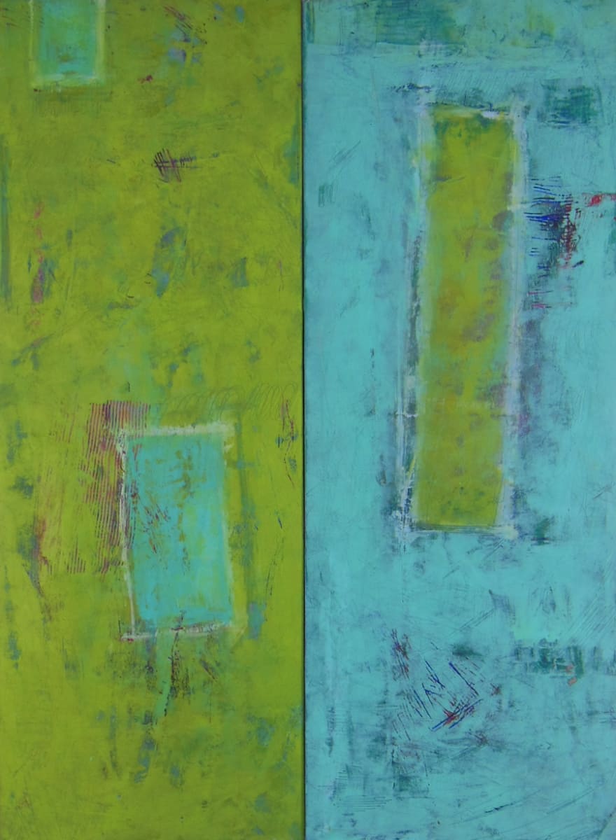 Portal/lime green and turquoise diptych by Ginnie Cappaert, Image 1.