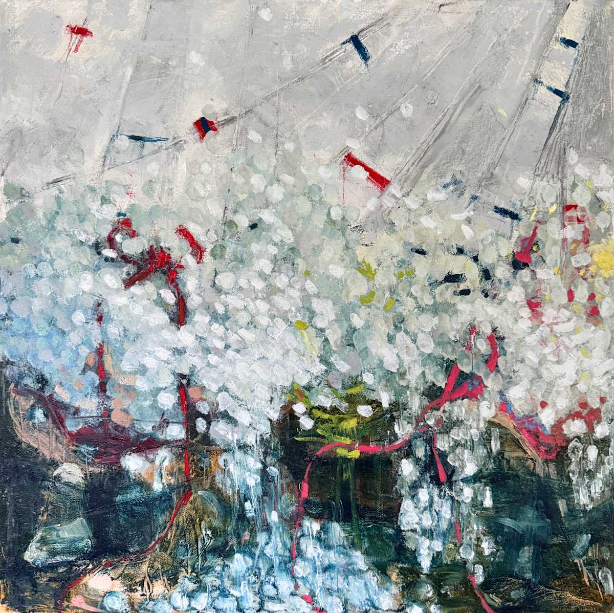 The Fates 1 (Moirai) by Elena Behrakis  Image: Expressive painting of three women consumed by waves and water. 