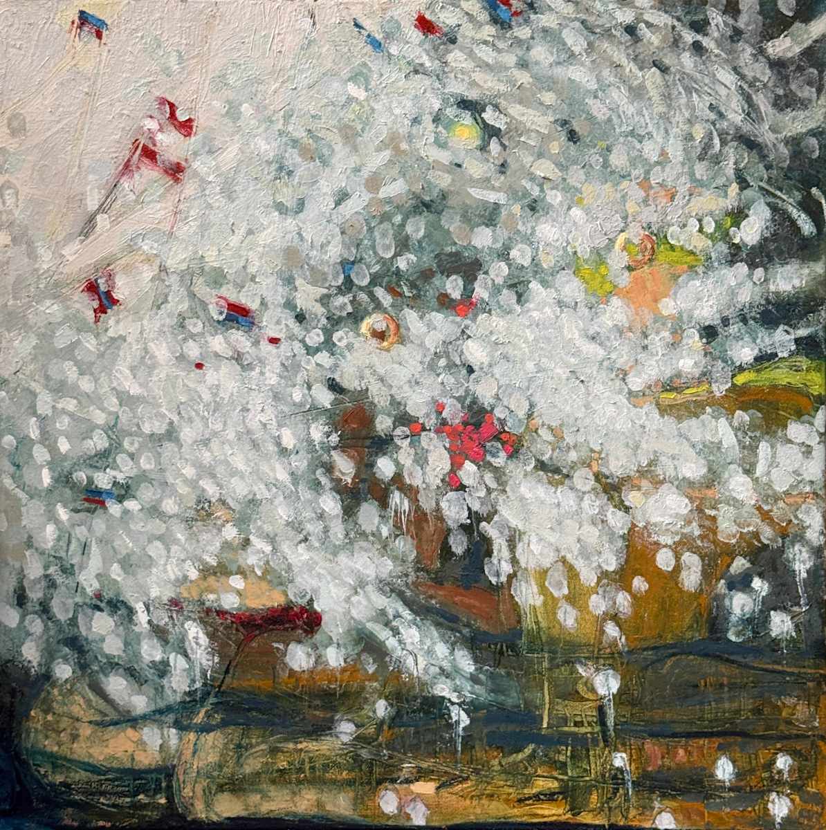 The Fates 2 (Moirai) by Elena Behrakis  Image: Expressive painting of three women consumed by white waves and water. 