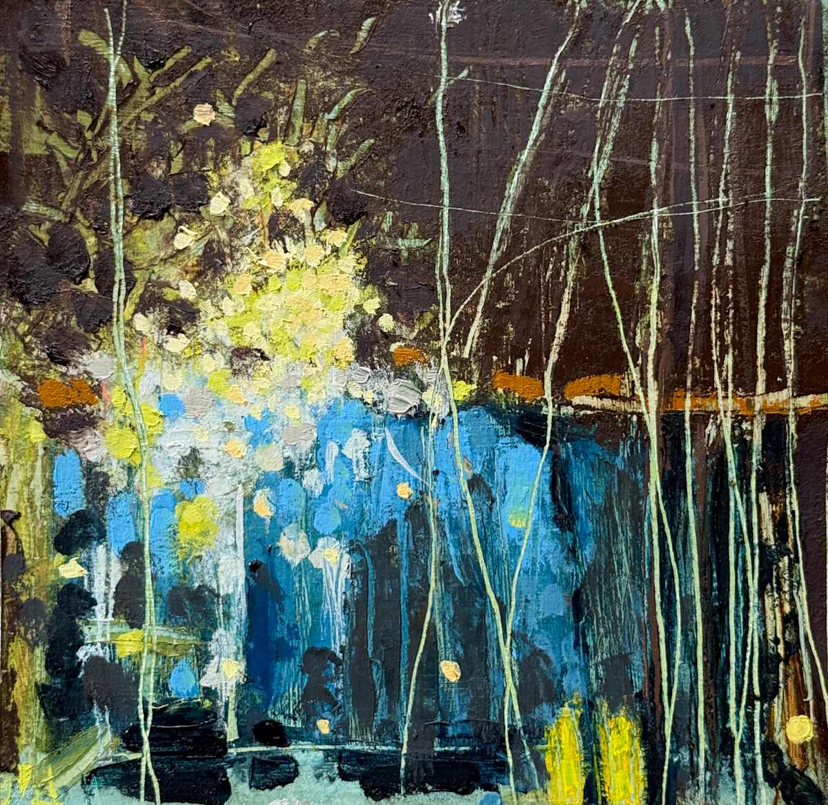 Clotho 2 (Lifelines) by Elena Behrakis  Image: Abstract, expressive small painting on paper depicting moonlight on the water. 