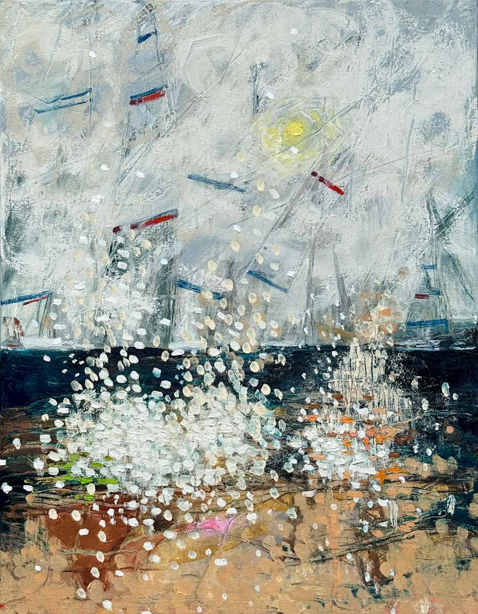 Drowning In It by Elena Behrakis  Image: Expressive painting of three women consumed by white waves with sailboats behind them. 