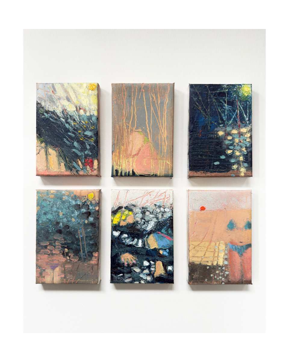 We Are Not The Same (Series of 6) by Elena Behrakis  Image: Series of six small ezxpressionist paintings with a narrative approach. 