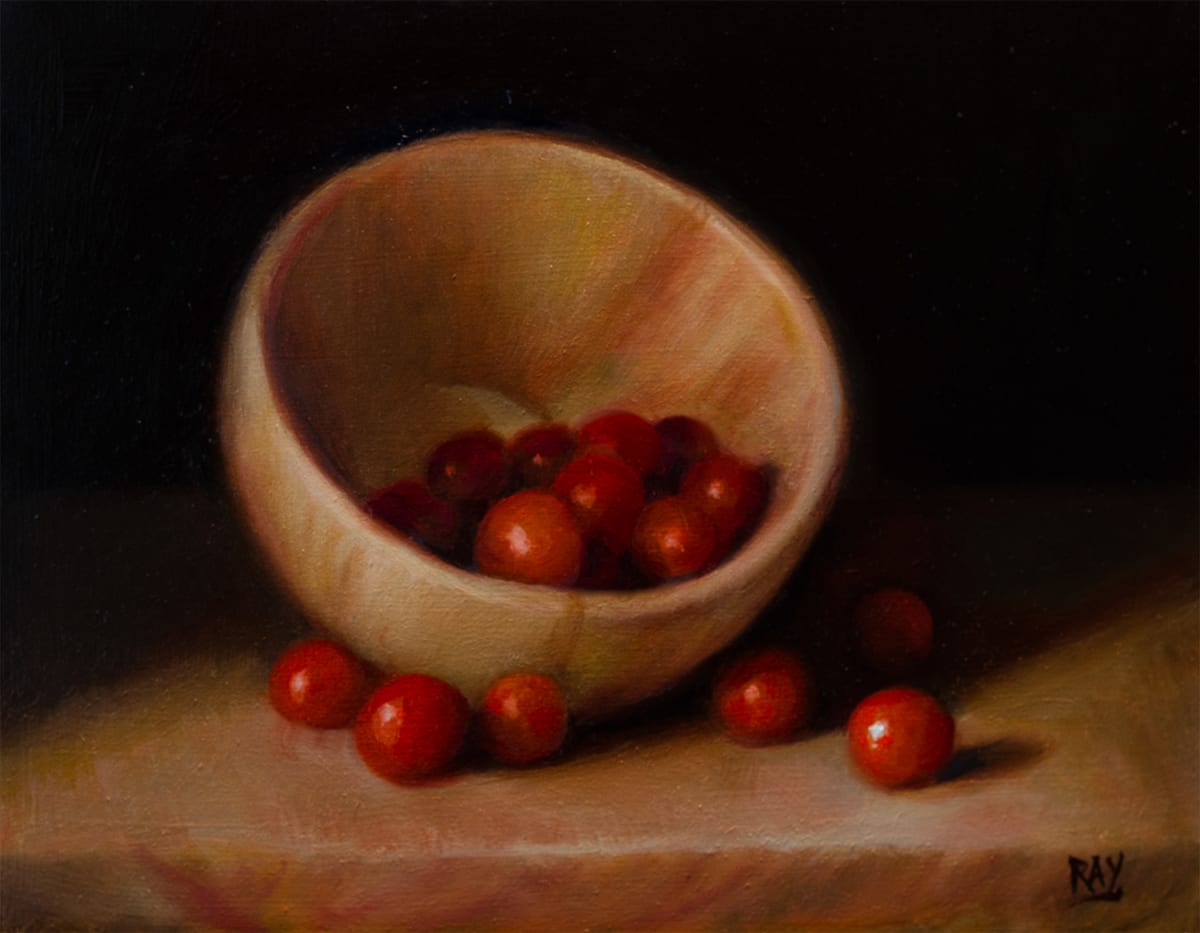 Cherry Tomatoes by Alan Douglas Ray  Image: Alan Douglas Ray, "Bowl of Cherry Tomatoes", 8" x 10", oil on panel.
