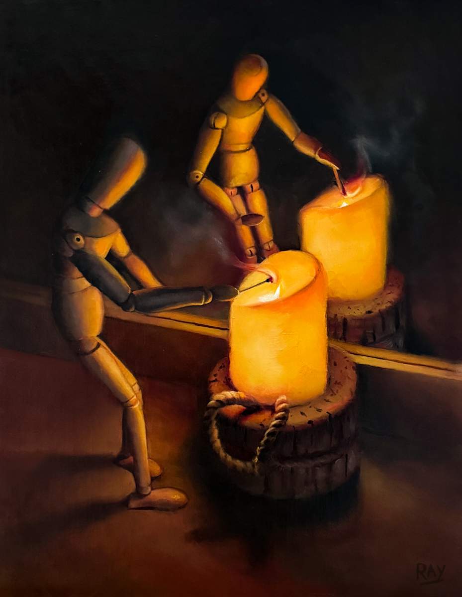 Woody Lights a Candle by Alan Douglas Ray  Image: Alan Douglas Ray, "Woody Lights a Candle", 16" x 12", oil on panel
