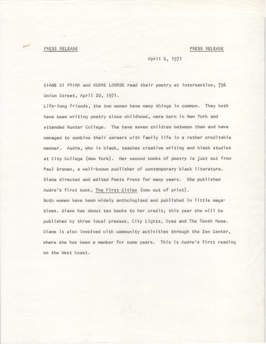 [AUDRE LORDE] Press Release for Audre's First West Coast Poetry Reading witih Diane DiPrima by n.p. 