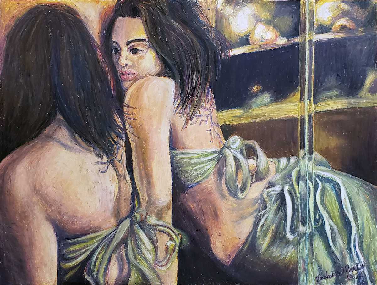 Facing Myself by Tashina Marie  Image: Facing Myself explores a moment of prolonged self-witnessing—an encounter held in sustained eye contact. The figure’s gaze carries both intensity and distance, present and inward at once, as if caught between seeing and being seen. The mirror becomes less a device than a threshold, holding the tension between exterior form and interior presence.