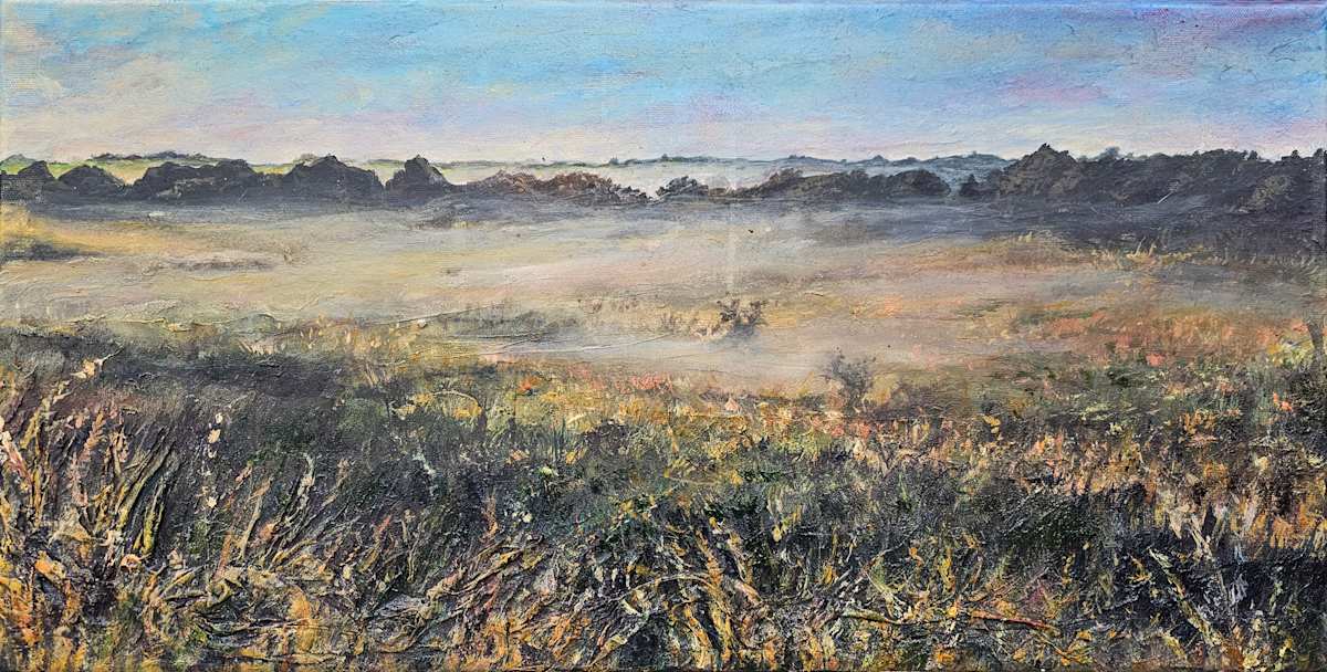 Floating Between Eternity and Now by Tashina Marie  Image: This textured painting captures the ethereal beauty of fog rolling across the plains of Land Between the Lakes. Layers of mist weave through the landscape, softening the distant tree line and blending the golden grasses into a dreamlike haze. Rich, impasto strokes in the foreground add depth and movement, evoking the wild, untamed energy of the prairie. The interplay of light and shadow, with hints of warmth breaking through the cool mist, creates a sense of quiet mystery—an intimate moment where nature stands still, wrapped in the breath of the morning fog.