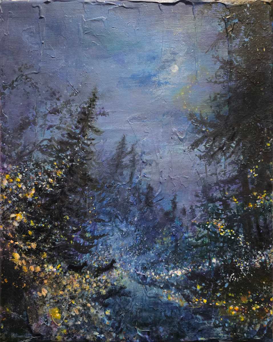 The Path of the Spirit Deer by Tashina Marie  Image: There are nights when the veil thins—not with thunder, but with stillness.
 When the world holds its breath, and something sacred stirs beneath the trees.
This painting captures one such night. A shimmered hush beneath the moon. Fireflies pulse like soul fragments, flickering in and out of visibility—echoes of memory, spirit, and dream. Two deer—half-seen, half-imagined—cross the dreamlit forest, their presence more spirit than flesh.
In many traditions, deer are messengers of the sacred—guides across thresholds, symbols of grace in motion. They carry silence like an offering. They are attuned to the language of the wild and the deep rhythms of the earth. Their appearance marks a liminal crossing: between day and night, earth and sky, body and soul.
The Path of the Spirit Deer is a moment between moments.
 A soft crossing.
 A whisper from the wild.
 A prayer made not with words, but with dreams; with light and breath and shadow.