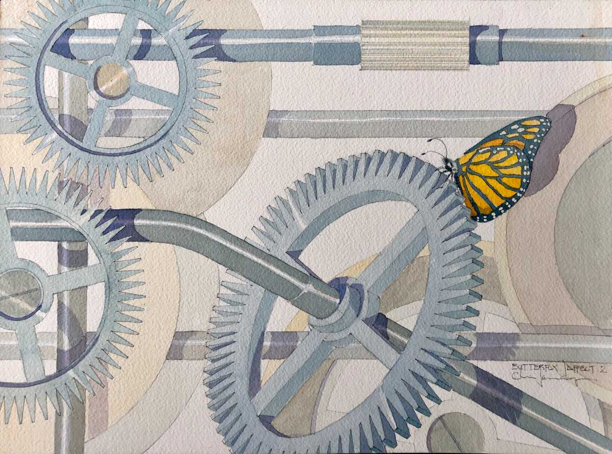 Butterfly Effect 2 by Chris James Cooper  Image: An intricate arrangement of mechanical gears and cogs, all predominantly painted in shades of blue and grey. Each gear is meticulously detailed with interlocking teeth, giving an impression of continuous motion and industrial intricacy. However, what really stands out is the brightly colored butterfly resting delicately on one of the cogs—a striking contrast with its orange and black wings. This juxtaposition between the mechanical gears and the delicate butterfly brings forth a compelling interplay of nature and machinery, posing a captivating question: is this harmony or conflict between the organic and the technological?