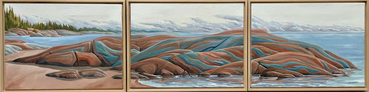 Painted Rocks by Chris James Cooper  Image: A stunning, expansive depiction of the Georgian Bay coastline and the rugged Canadian Shield rock. The geological features are rendered with bold color and dynamic lines.