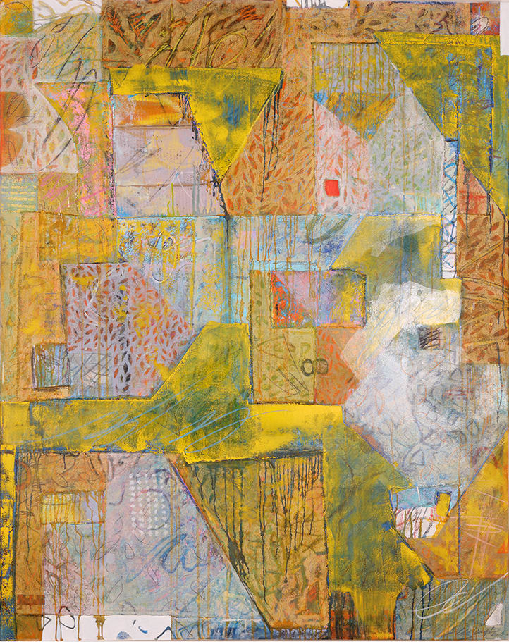 "Patch Works" by Steven McHugh  Image: "Patch Works" by Steven McHugh - an original abstract painting that captures the beauty of a patchwork quilt. Created with mixed media, including crayon, charcoal, oil, cold wax, and graphite, this stunning piece is sure to elevate any space. Measuring 60" x 48" and 2.5" deep, the canvas is stretched with added canvas and cardboard glued to the canvas. Unframed, allowing you to showcase the intricate details of the painting. Add a touch of warmth and color to your home with "Patch Works"

The artwork is an abstract composition with a vibrant and textured arrangement of shapes and colors. Dominated by shades of yellow, the piece contains a variety of geometric and organic forms overlapping and interacting across the canvas. Bold, yellow lines form a grid-like structure that creates a sense of dimensionality and depth.

Much of the grid is filled with different patterns, textures, and colors such as orange, blue, red, and white. These patterns range from leaf-like imprints to circular motifs and delicate, lace-like designs. The layering technique adds complexity and richness to the visual experience.

One can observe scribbles and line work that contribute to the informal and dynamic character of the piece. The artwork conveys a sense of controlled chaos and invites viewers to explore the interplay of elements within the painterly space.

The image shows an abstract painting with a dynamic composition of geometric and organic shapes. The artwork features a vibrant array of colors predominated by yellows and blues, with accents of red and other hues creating a visually stimulating contrast. Textural elements and lines suggest a layered effect with intricate patterns, reminiscent of different materials or surfaces intersecting one another. Some shapes are more defined, forming triangles and rectangles, while others blend and overlap in a complex network. The artwork exudes an energetic and expressive quality that invites the viewer to explore and interpret the varied forms and textures.


Painting is oversized and when location is established, sales tax and shipping can be estimated.