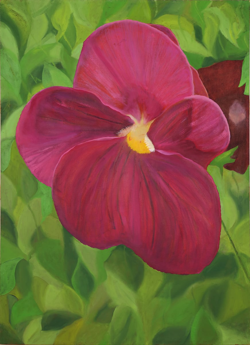 "Pansy #1" by Steven McHugh  Image: Original abstract painting by Steven McHugh, oil, on canvas. .  Canvas is 48" x 36" and is 2.5" deep, unframed. "My wife and I were having breakfast on our deck and she pointed out how she loves pansy's so I just had to paint a few."