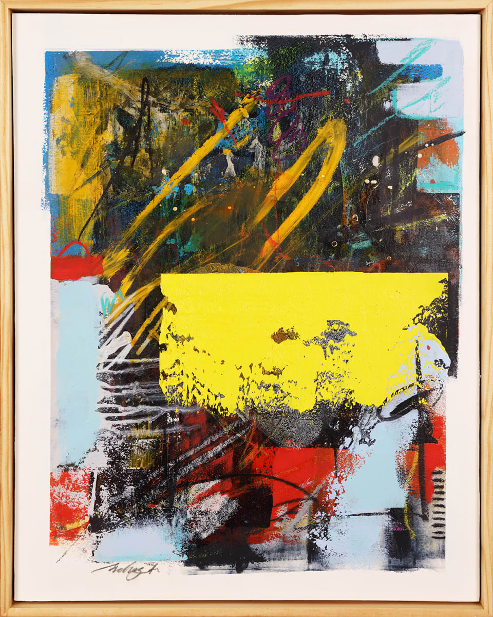 "Talking to Myself" by Steven McHugh  Image: "Talking to Myself" is an original mixed media painting on a 20"x 16" inch wood panel that showcases a unique combination of oil and cold wax, oil bars, graphite, and charcoal. The textured surface and broad lemon yellow strip add depth and interest to the piece, making it a true standout. The artwork boasts an array of unique marks and color patches that are sure to capture your attention. This one-of-a-kind painting is perfect for any art collector looking for a conversation starter in their home or office. Framed in gallery floating frame with clear varnish.