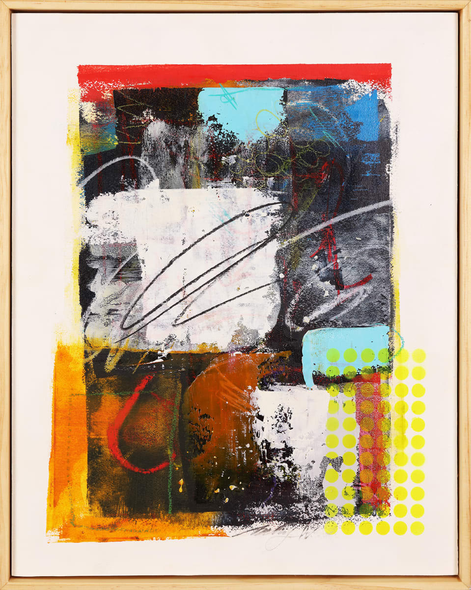 "Improvisation" by Steven McHugh  Image: This stunning original painting titled "Improvisation" by Steven McHugh is a mixed media masterpiece that showcases the artist's unique style. The piece features a combination of oil and cold wax, charcoal, graphite, crayon, and spray paint on a 20" x 16" wood panel. The mark making and color patches are enhanced by a varnished gallery floating frame, making this painting the perfect addition to any art collection. The abstract nature of the piece allows for endless interpretations and makes it a true conversation starter. Don't miss out on the opportunity to own this one-of-a-kind work of art.