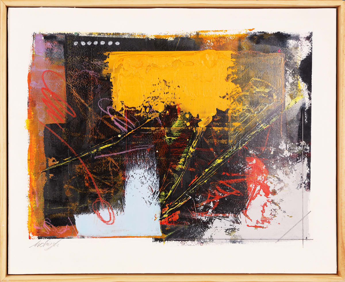 "Exchange" by Steven McHugh  Image:  "Exchange", an original artwork by the talented artist Steven McHugh, now available on our website. This bold and striking piece features an abstract composition with bold colors and a unique combination of oil and cold wax, crayon, and graphite mark making, accented by a bold thick strip of orange. Measuring 16" x 20" on a sturdy wood panel, it comes beautifully framed by a varnished wood gallery floating frame. Don't miss your chance to add this one-of-a-kind piece to your collection today