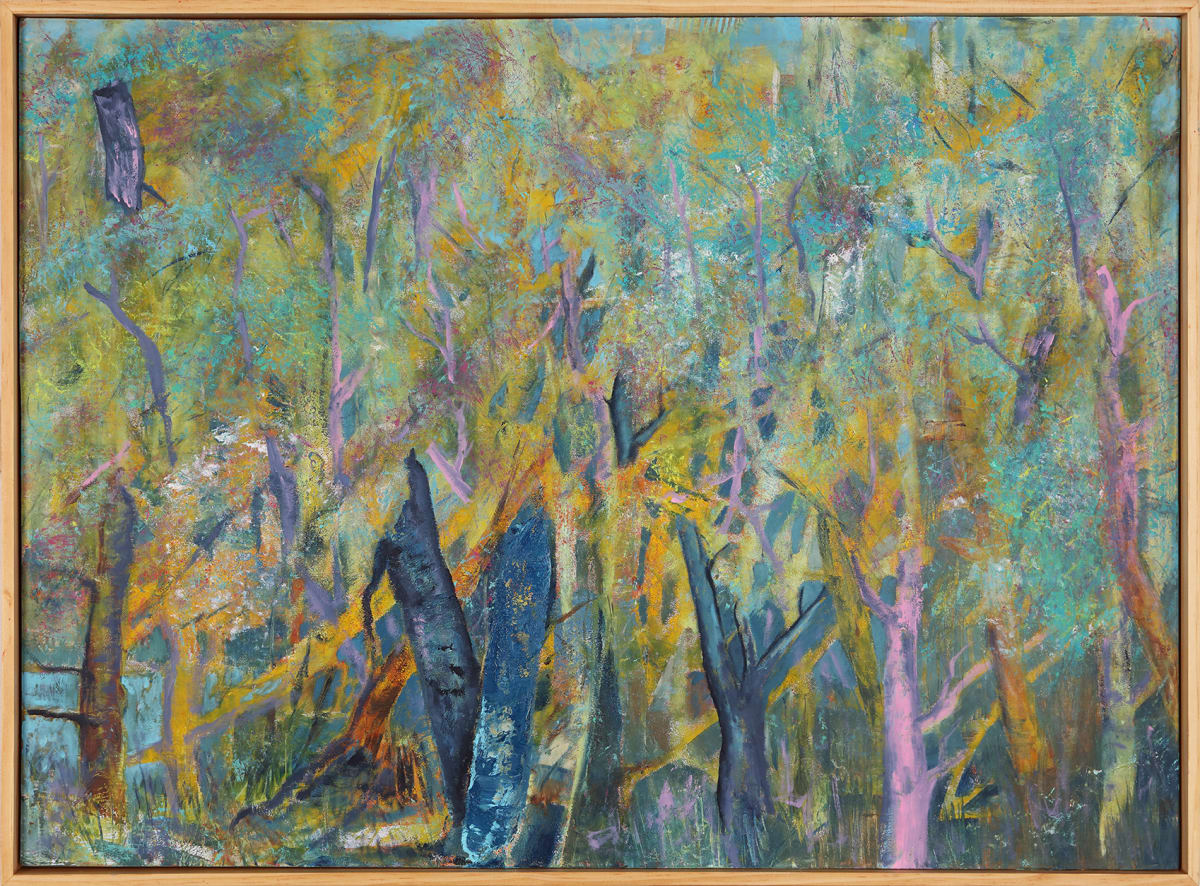 "Surroundings" by Steven McHugh  Image:  "Surroundings", a captivating and unique landscape painting that will transport you to a mystical forest realm. The vivid hues of teal, green, and magenta create a dreamlike atmosphere that will capture your imagination. This mixed media artwork is crafted with a focus on the wild and untamed nature of the forest, showcasing the beauty in chaos. Measuring 22" x 30" inches, this oil and cold wax painting is mounted on a sturdy wood panel and framed in a gallery floating clear varnished frame, making it a stunning addition to any wall.