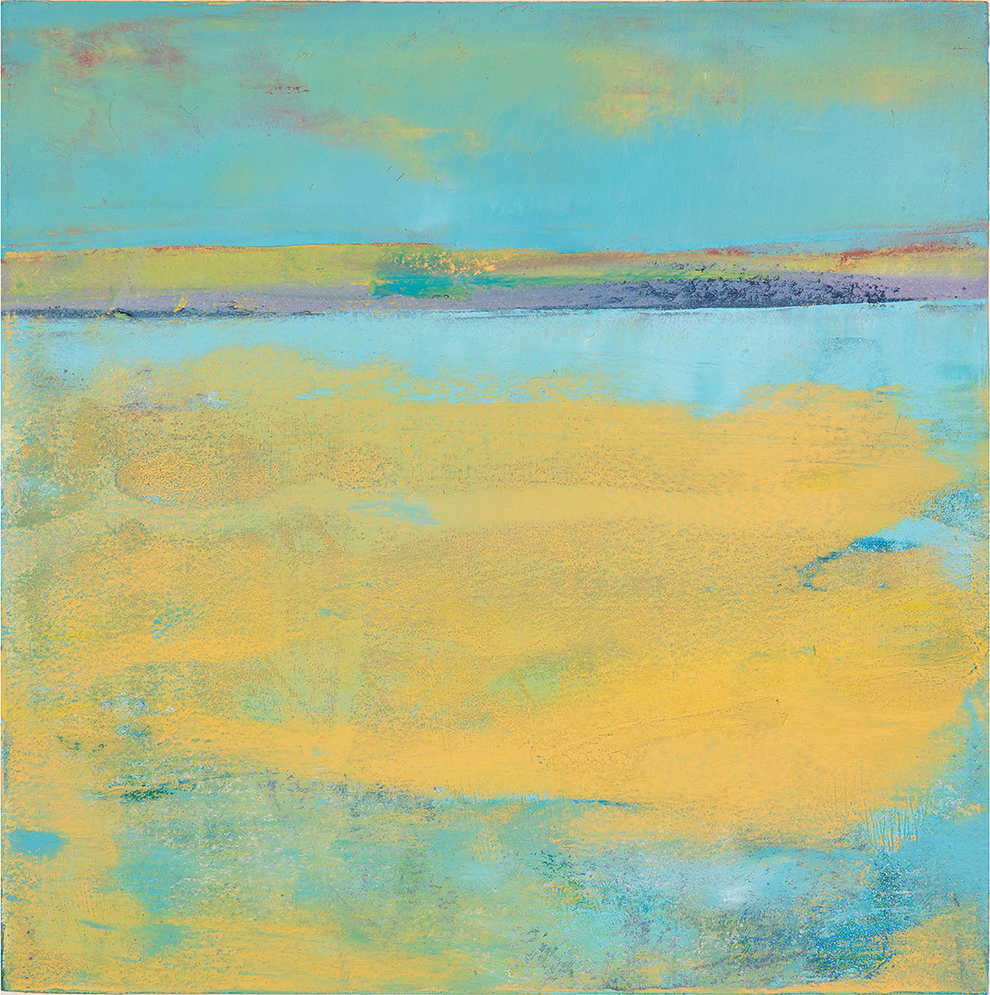 "Landscape #14" by Steven McHugh  Image: Immerse yourself in the serene dreamy beauty of Madeline Island with "Landscape #14," an original small abstract landscape using pastel teal/blue and yellow horizon. This exquisite piece, crafted with oil and cold wax on a wood panel, measures 8" x 8" x 2.5, offering versatile display options; it can be hung or placed on a shelf. As a prominent feature of my collection at stevemchughart.com, it embodies the essence of non-representational abstract art inspired by the natural surroundings of the Apostle Islands. Discover the detailed textures and tranquil hues that make this artwork unique. Enjoy the convenience of having shipping included anywhere in the U.S.

The artwork is an abstract landscape painting featuring a harmonious blend of colors evoking a dreamy landscape. Dominant hues of turquoise and yellow create a serene and expansive appearance. The turquoise suggests water or sky, which smoothly transitions into the yellow, evoking a sense of sandy shores. Thin horizontal strokes in the upper portion introduce additional earthy tones, lending depth and possibly suggesting distant horizons. The texture is soft and blended, giving the painting a tranquil and ethereal atmosphere.