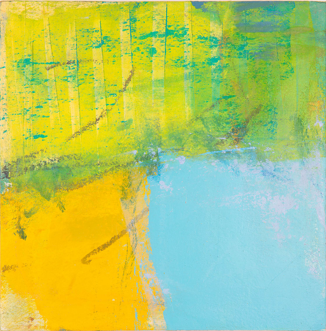 "Fly Over #2" by Steven McHugh  Image: Experience the serenity and dynamic textures of nature with "Fly Over #2," an exquisite abstract landscape from the perspective of overhead by Madeline Island artist Steve McHugh. This unique 8" x 8" x 2.5" oil and cold wax painting on a wood panel features a captivating blue water scene in the lower right quarter, balanced beautifully with textured grasses. Ideal for both wall hanging and shelf display, thanks to its substantial deep wood panel. Add a distinctive touch of Madeline Island's natural beauty to your space. Available now on stevemchughart.com. Shipping included in the U.S.

The artwork is an abstract painting characterized by vibrant and contrasting colors. Dominant areas of bright yellow and light blue are interwoven with textures and strokes of green and hints of burnt orange. The painting has an energetic and dynamic feel, created through the layering of colors and textured brushwork. The composition suggests movement and blends areas of intense color with more muted, mixed regions, contributing to a sense of depth and complexity. The overall effect is visually stimulating and evocative, inviting the viewer to explore the interplay of colors and textures.

The artwork is an abstract painting characterized by vibrant and contrasting colors. Dominant areas of bright yellow and light blue are interwoven with textures and strokes of green and hints of burnt orange. The painting has an energetic and dynamic feel, created through the layering of colors and textured brushwork. The composition suggests movement and blends areas of intense color with more muted, mixed regions, contributing to a sense of depth and complexity. The overall effect is visually stimulating and evocative, inviting the viewer to explore the interplay of colors and textures.