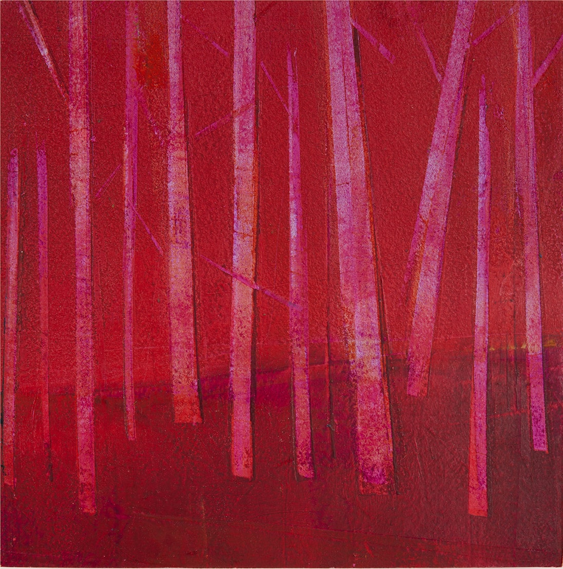 "Landscape #7" by Steven McHugh  Image: Discover the captivating allure of "Landscape #7," a small original oil and cold wax abstract landscape in reds by Madeline Island artist, Steve McHugh. This vibrant piece measures 8" x 8" x 2.5", making it perfect for hanging or displaying on a shelf thanks to its deep panel. Every brushstroke reflects the spirit of the Apostle Islands, bringing a touch of nature’s beauty into your home. Plus, enjoy the convenience of shipping included within the U.S. Add this unique artwork to your collection today and let the essence of Madeline Island inspire your space.

This  abstract painting is characterized by vertical lines resembling tree trunks. It employs a rich palette dominated by shades of red and purple. The vertical elements vary in width and blend into the deep red background, creating a sense of depth and abstraction. The use of color and form evokes a forest-like environment, where the vertical lines intersect and overlap, contributing to the complexity of the piece. The overall composition is striking and dynamic, emphasizing the interplay between color and shape.